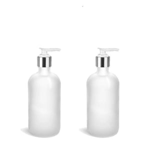 1 Glass Lotion Pump Bottle, CLEAR FROSTED 8 Oz Bottles w/ Shiny Silver Overshell Pumps