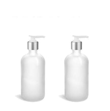 Load image into Gallery viewer, 1 Glass Lotion Pump Bottle, CLEAR FROSTED 8 Oz Bottles w/ Shiny Silver Overshell Pumps