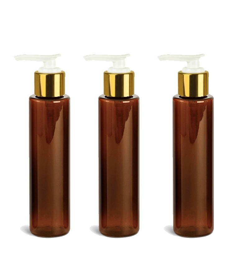 6 AMBER Elegant PET Plastic Cylinders w/ Shiny GOLD Aluminum Lotion Pump Luxury 4 Oz, 120ml Bottles High End Packaging Private Label Spa