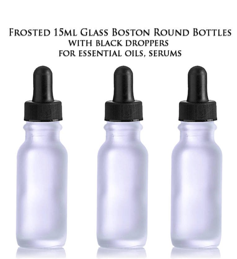 6 FROSTED 15ml Glass Bottles w/ Black Plastic Caps and Glass Dropper Pipette 1/2 Oz UPSCALE Cosmetic Skincare Packaging, Serum Essential Oil