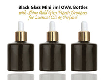 Load image into Gallery viewer, 6 Mini LUXURY 8ml Black Glass Bottles, Dropper Bottles with Shiny UPSCALE GOLD Caps for Perfume, Essential Oil, Serum, Samples 1/3 Oz