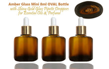 Load image into Gallery viewer, 6 Mini LUXURY 8ml Black Glass Bottles, Dropper Bottles with Shiny UPSCALE GOLD Caps for Perfume, Essential Oil, Serum, Samples 1/3 Oz