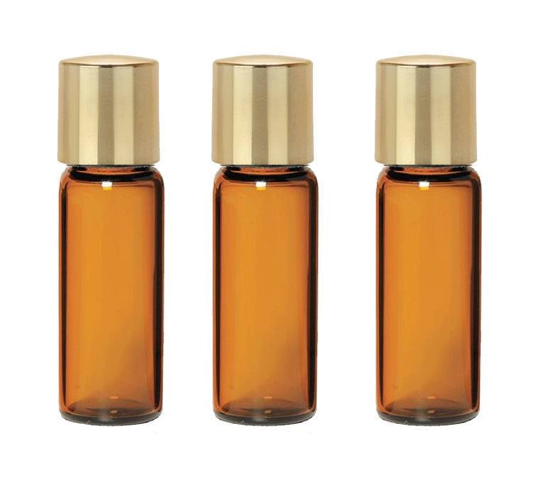 12 ELEGANT AMBER 1 Dram Glass Vials with GOLD Metal Overshell Caps 3.7ml Serum Essential Oil, Aromatherapy Bottle w/ Funnel Serum, Sampling