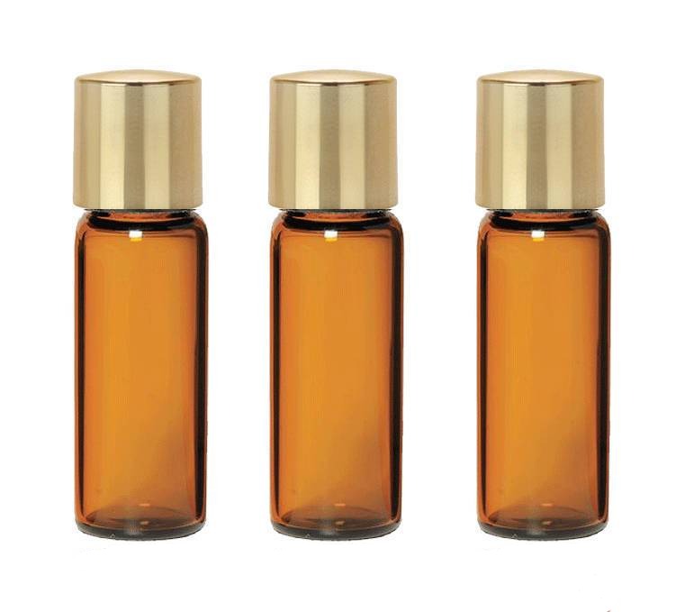 144 ELEGANT AMBER 1 Dram Glass Vials with GOLD Metal Overshell Caps 3.7ml Serum Essential Oil, Aromatherapy Bottle w/ Funnel Serum, Sampling
