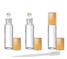 Load image into Gallery viewer, 12 CLEAR or Swirled 10mL DELUXE Rollerball Bottles Metal Steel Rollers Copper Rose Gold Aluminum Caps 1/3 Oz Roll-Ons Private Label