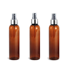 Load image into Gallery viewer, 3 BPA Free Pet Plastic 8 Oz AMBER (240ml) Cosmo Bottles w/ Silver and Black Spray Cap for Perfume Essential Oil Blends Aromatherapy DIY
