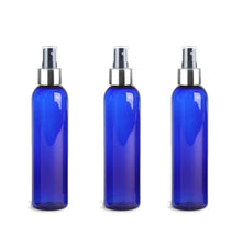 Load image into Gallery viewer, 3 BPA Free Pet Plastic 8 Oz AMBER (240ml) Cosmo Bottles w/ Silver and Black Spray Cap for Perfume Essential Oil Blends Aromatherapy DIY