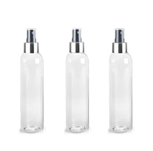 Load image into Gallery viewer, 3 BPA Free Pet Plastic 8 Oz AMBER (240ml) Cosmo Bottles w/ Silver and Black Spray Cap for Perfume Essential Oil Blends Aromatherapy DIY