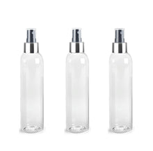 Load image into Gallery viewer, 3 BPA Free Pet Plastic 8 Oz CLEAR (240ml) Cosmo Bottles w/ Silver and Black Spray Cap for Perfume Essential Oil Blends Aromatherapy DIY