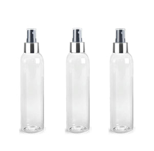 3 BPA Free Pet Plastic 8 Oz CLEAR (240ml) Cosmo Bottles w/ Silver and Black Spray Cap for Perfume Essential Oil Blends Aromatherapy DIY