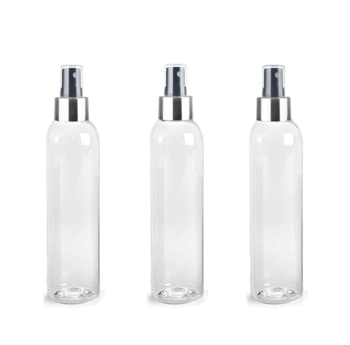 3 BPA Free Pet Plastic 8 Oz CLEAR (240ml) Cosmo Bottles w/ Silver and Black Spray Cap for Perfume Essential Oil Blends Aromatherapy DIY