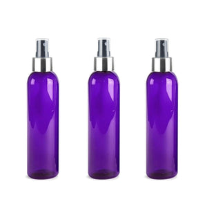 3 BPA Free Pet Plastic 8 Oz Purple (240ml) Cosmo Bottles w/ SILVER/Black Spray Cap for Perfume Essential Oil Blends Aromatherapy DIY