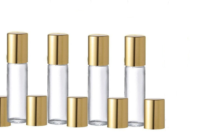 12 Elegant 10ml Glass Roller Ball Bottles w/ Metallic GOLD or SILVER Caps Stainless Steel Rollers Perfume Aromatherapy Essential Oil Bottles