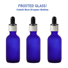 Load image into Gallery viewer, 3 FROSTED Cobalt BLUE 60ml Glass Bottles w/ Metallic Silver Overshell Dropper 2 Oz LUXURY Cosmetic Skincare Packaging, Serum Essential Oil