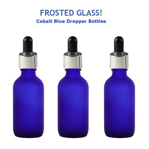 3 FROSTED Cobalt BLUE 60ml Glass Bottles w/ Metallic Silver Overshell Dropper 2 Oz LUXURY Cosmetic Skincare Packaging, Serum Essential Oil