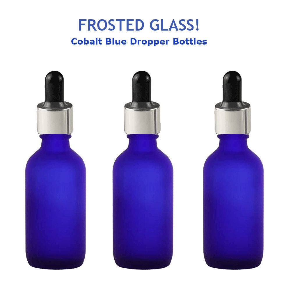 3 FROSTED Cobalt BLUE 60ml Glass Bottles w/ Metallic Silver Overshell Dropper 2 Oz LUXURY Cosmetic Skincare Packaging, Serum Essential Oil