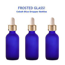 Load image into Gallery viewer, 3 FROSTED Cobalt BLUE 60ml Glass Dropper Bottles w/ Metallic Gold Aluminum Cap 2 Oz LUXURY Cosmetic Skincare Packaging, Serum Essential Oil