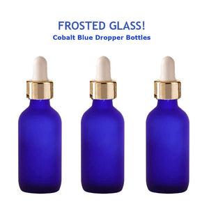 3 FROSTED Cobalt BLUE 60ml Glass Dropper Bottles w/ Metallic Gold Aluminum Cap 2 Oz LUXURY Cosmetic Skincare Packaging, Serum Essential Oil