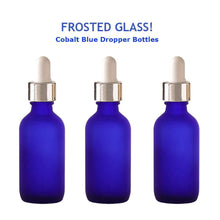 Load image into Gallery viewer, 3 FROSTED Cobalt BLUE 60ml Glass Dropper Bottles w/ Metallic Gold Aluminum Cap 2 Oz LUXURY Cosmetic Skincare Packaging, Serum Essential Oil