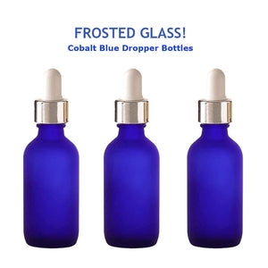 3 FROSTED Cobalt BLUE 60ml Glass Bottles w/ Metallic Silver Glass Dropper 2 Oz LUXURY Cosmetic Skincare Packaging, Serum Essential Oil