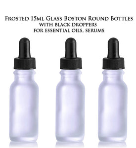 6 Frosted 15ml GLASS Dropper Bottles,  Empty Boston Round 1/2 Ounce Medicine Serum, Essential Oil Eliquid Bottles Refillable 15 ml