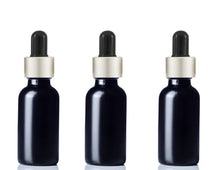 Load image into Gallery viewer, 12 BLACK FROSTED Premium 1 Oz Glass Boston Round Matte Silver/Black Dropper Bottle 30ml Medicine Pipette Oil Serum Essential Oils Dispensing