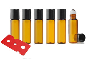 6 Dark Amber Micro Mini 5ml Rollon Bottles STAINLESS STEEL/GLASS Roller Balls Perfume Oil 1/6 Oz Lip Balm 5 ml W/ Bonus Essential Oil Key