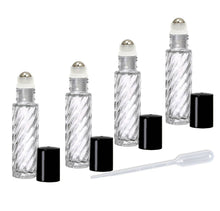 Load image into Gallery viewer, 100 CLEAR or SWIRLED PREMIUM Roll On Bottles Glass or Metal Steel Roller Balls 10ml Essential Oil, Perfume Roller 1/3 Oz Choose Cap Color