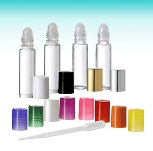 100 CLEAR or SWIRLED PREMIUM Roll On Bottles Glass or Metal Steel Roller Balls 10ml Essential Oil, Perfume Roller 1/3 Oz Choose Cap Color