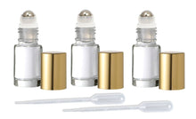 Load image into Gallery viewer, 100 MINI Clear Rollerball Bottles Stainless Steel 5mL DELUXE Dram w/ Gold or Silver Metallic Caps 1/8 Oz Roll-Ons Essential Oil Perfume