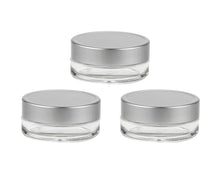 Load image into Gallery viewer, 6 LUXURY 15ml Mini Plastic Cosmetic Jars Brushed Silver Lids, Private Label Empty Containers Solid Perfume, Salve, Glitter, Lip Gloss Balm