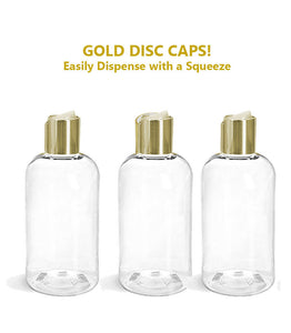 3 PREMIUM Clear 8 Oz Soap/Hand Cream, Shampoo/Conditioner Shiny 240ml MODERN PET Boston Round Plastic Bottles w/ Gold Disc Cap Dispenser