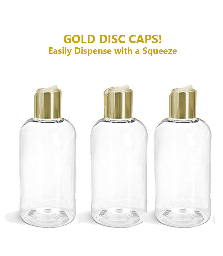 3 PREMIUM Clear 8 Oz Soap/Hand Cream, Shampoo/Conditioner Shiny 240ml MODERN PET Boston Round Plastic Bottles w/ Gold Disc Cap Dispenser