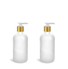 Load image into Gallery viewer, 1 Glass Lotion Pump Bottle, CLEAR FROSTED 8 Oz Bottles w/ Matte Gold Overshell Pumps