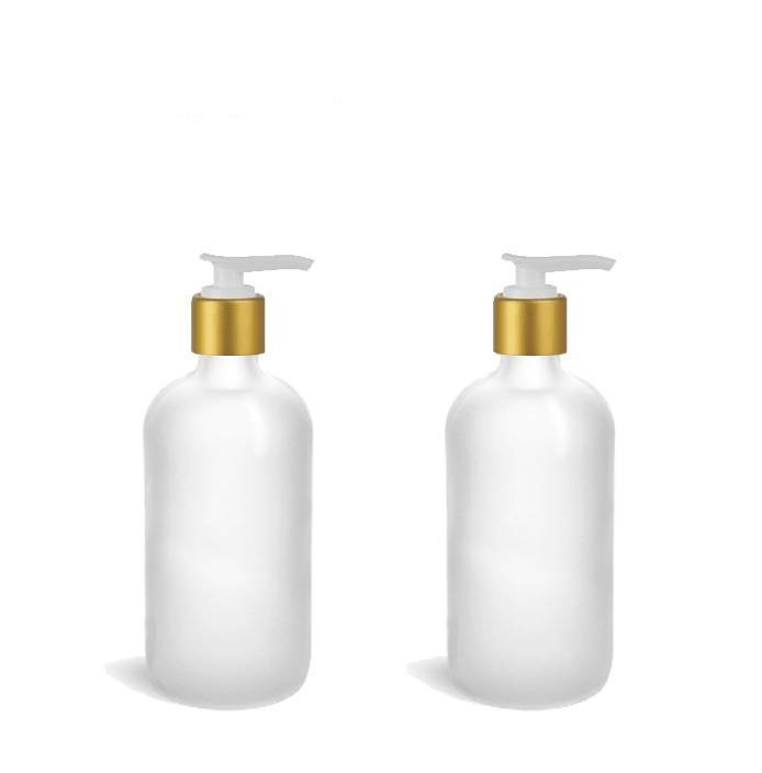 1 Glass Lotion Pump Bottle, CLEAR FROSTED 8 Oz Bottles w/ Matte Gold Overshell Pumps