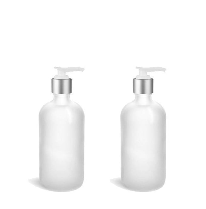 1 Glass Lotion Pump Bottle, CLEAR FROSTED 8 Oz Bottles w/ Matte Silver ALUMINUM Overshell Pumps