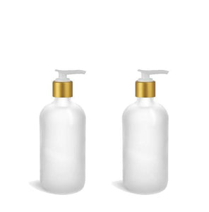 1 Glass Lotion Pump Bottle, CLEAR FROSTED 8 Oz Bottles w/ Shiny Gold Overshell Pumps
