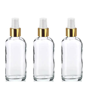 12 CLEAR 120ml Glass Bottles w/ Metallic Gold Fine Mist Atomizer 4Oz UPSCALE LUXURY Cosmetic Skincare Packaging, Fine Mist Spray
