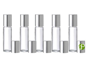12 Elegant 10ml Glass Roller Ball Bottles w/ Metallic GOLD or SILVER Caps Stainless Steel Rollers Perfume Aromatherapy Essential Oil Bottles