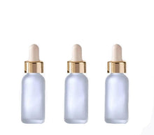Load image into Gallery viewer, 12 FROSTED 30ml Glass Bottles w/ Metallic Gold Glass Dropper Pipette 1 Oz UPSCALE LUXURY Cosmetic Skincare Packaging, Serum Essential Oil