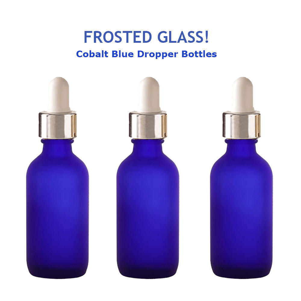 6 FROSTED Cobalt BLUE 60ml Glass LUXURY Dropper Bottles w/ Metallic Silver Overshell 2 Oz Upscale Boston Round Shape, Serum Essential Oil