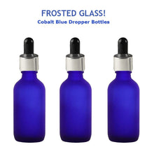 Load image into Gallery viewer, 3 FROSTED Cobalt BLUE 60ml Glass Dropper Bottles w/ Metallic Gold Aluminum Cap 2 Oz LUXURY Cosmetic Skincare Packaging, Serum Essential Oil
