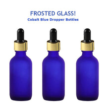 Load image into Gallery viewer, 3 FROSTED Cobalt BLUE 60ml Glass Dropper Bottles w/ Metallic Gold Aluminum Cap 2 Oz LUXURY Cosmetic Skincare Packaging, Serum Essential Oil