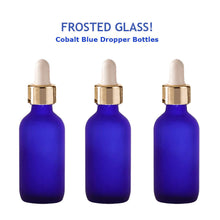 Load image into Gallery viewer, 3 FROSTED Cobalt BLUE 60ml Glass Bottles w/ Metallic Silver Glass Dropper 2 Oz LUXURY Cosmetic Skincare Packaging, Serum Essential Oil