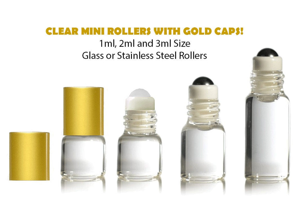 6 Empty Mini Glass Roller Bottles Matte Gold Caps Glass or Steel Roller Balls Roll-on Refillable Rollon Choose 1ml, 2ml, 3ml - Essential Oil
