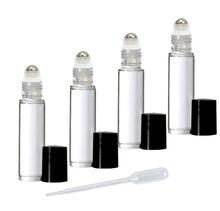 Load image into Gallery viewer, 100 CLEAR or SWIRLED PREMIUM Roll On Bottles Glass or Metal Steel Roller Balls 10ml Essential Oil, Perfume Roller 1/3 Oz Choose Cap Color