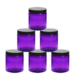 30 PURPLE PET Plastic Cosmetic JARS, Bulk Lot Quantity 2 Oz, 4 Oz, 8 Oz Heavy Wall w/ Black, Silver, Copper White Cap, Lotion, Scrub