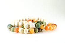 Load image into Gallery viewer, Essential Oil Diffuser Bracelet Set, Matte Green Opal, Orange Agate, White Lava, Gold Spacer Beads and Wood Beads Stacking Gemstone Jewelry