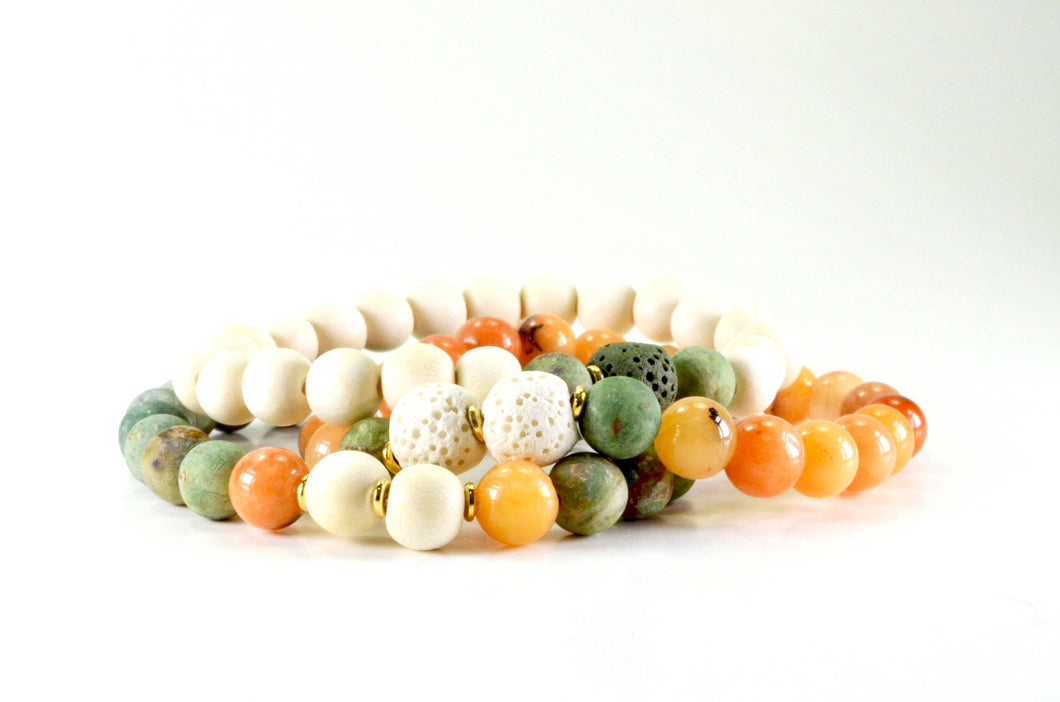 Essential Oil Diffuser Bracelet Set, Matte Green Opal, Orange Agate, White Lava, Gold Spacer Beads and Wood Beads Stacking Gemstone Jewelry