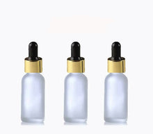 Load image into Gallery viewer, 100 FROSTED 60ml Glass Bottles w/ Metallic Gold Glass Dropper Pipette 2 Oz UPSCALE LUXURY Cosmetic Skincare Packaging, Serum Essential Oil